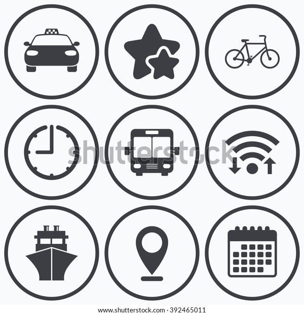Clock, wifi and stars icons. Transport\
icons. Taxi car, Bicycle, Public bus and Ship signs. Shipping\
delivery symbol. Family vehicle sign. Calendar\
symbol.