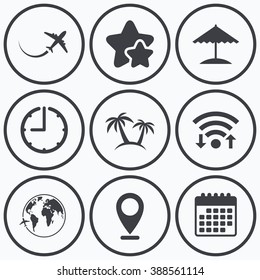 Clock, wifi and stars icons. Travel trip icon. Airplane, world globe symbols. Palm tree and Beach umbrella signs. Calendar symbol.