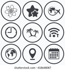 Clock, wifi and stars icons. Travel trip icon. Airplane, world globe symbols. Palm tree sign. Travel round the world. Calendar symbol.