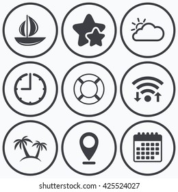 Clock, wifi and stars icons. Travel icons. Sail boat with lifebuoy symbols. Cloud with sun weather sign. Palm tree. Calendar symbol.