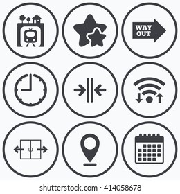 Clock, wifi and stars icons. Underground metro train icon. Automatic door symbol. Way out arrow sign. Calendar symbol.