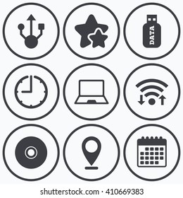 Clock, wifi and stars icons. Usb flash drive icons. Notebook or Laptop pc symbols. CD or DVD sign. Compact disc. Calendar symbol.