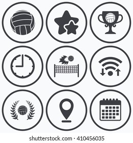 Clock, wifi and stars icons. Volleyball and net icons. Winner award cup and laurel wreath symbols. Beach sport symbol. Calendar symbol.