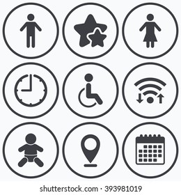 Clock, wifi and stars icons. WC toilet icons. Human male or female signs. Baby infant or toddler. Disabled handicapped invalid symbol. Calendar symbol.
