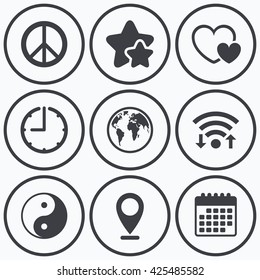 Clock, Wifi And Stars Icons. World Globe Icon. Ying Yang Sign. Hearts Love Sign. Peace Hope. Harmony And Balance Symbol. Calendar Symbol.