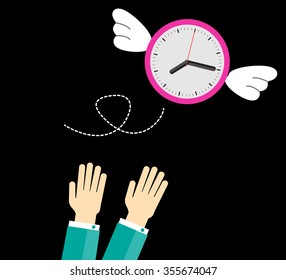 clock with wings fly escape away from a businessman. flat design vector. hand. 
