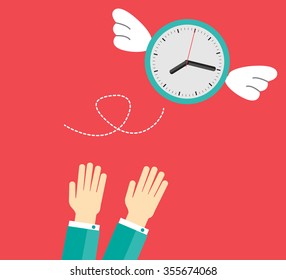 clock with wings fly escape away from a businessman. flat design vector. hand. 
