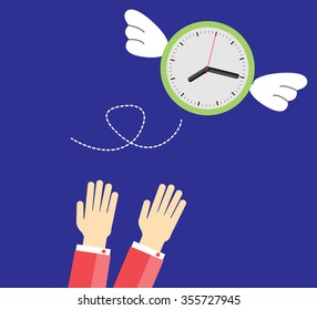clock with wings fly escape away from a businessman. flat design vector. hand. 