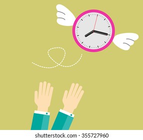 clock with wings fly escape away from a businessman. flat design vector. hand. 