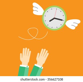 clock with wings fly escape away from a businessman. flat design vector. hand.