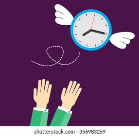 clock with wings fly escape away from a businessman. flat design vector. hand.