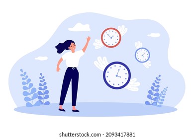 Clock with wings flying into sky and businesswoman. Lost and lack of time of tiny woman flat vector illustration. Effective time management concept for banner, website design or landing web page