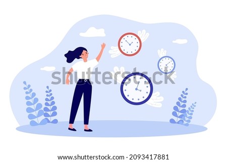 Clock with wings flying into sky and businesswoman. Lost and lack of time of tiny woman flat vector illustration. Effective time management concept for banner, website design or landing web page