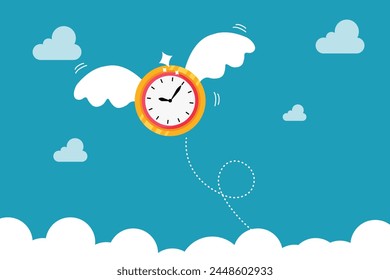 Clock with wings flying in the sky. Lost time concept.