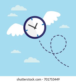 Clock With Wings Flying In The Sky. Lost Time Concept. Vector Illustration