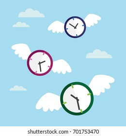 Clock With Wings Flying In The Sky. Lost Time Concept. Vector Illustration