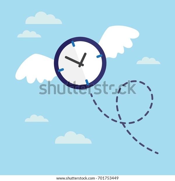 Clock with wings flying in the sky. Lost\
time concept. Vector\
illustration