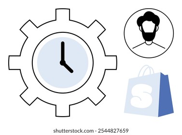 Clock within a gear symbolizing time management. Profile of a person and a shopping bag with letter S. Ideal for productivity, business, time management, online shopping, and professional profiles