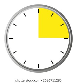 Ícone amarelo do relógio. Símbolo de trimestre de tempo. Seção amarela brilhante. Discagem vetorial.