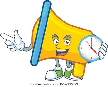 With clock yellow loudspeaker electronic in cartoon character