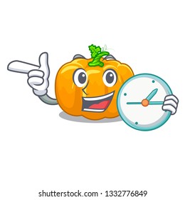 With clock yellow pumpkin in the cartoon shape