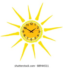 clock in yellow sun vector illustration on white background