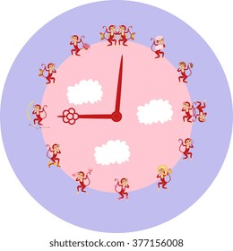 Clock with zodiac signs of monkey year. Cute vector illustration.