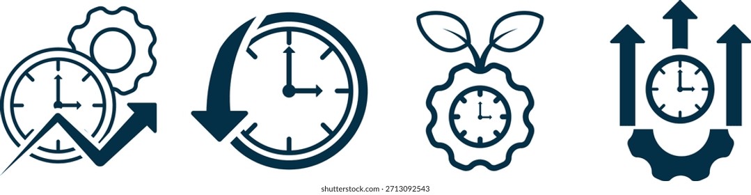 Iconos basados en relojes con engranajes, flechas y hojas, que simbolizan el seguimiento del tiempo, la ecoeficiencia, el crecimiento de la productividad y la programación. Ideal para negocios, flujo de trabajo y efectos visuales de sostenibilidad.