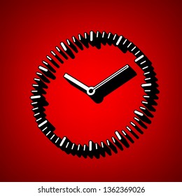 Clock-face icon. Vector. Perspective view of white icon with black outline at reddish background.