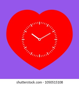 Clock-face icon. Vector. White icon in red heart at lavender background.