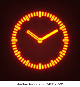 Clock-face icon. Yellow, orange, red neon icon at dark reddish background. Illumination. Illustration.