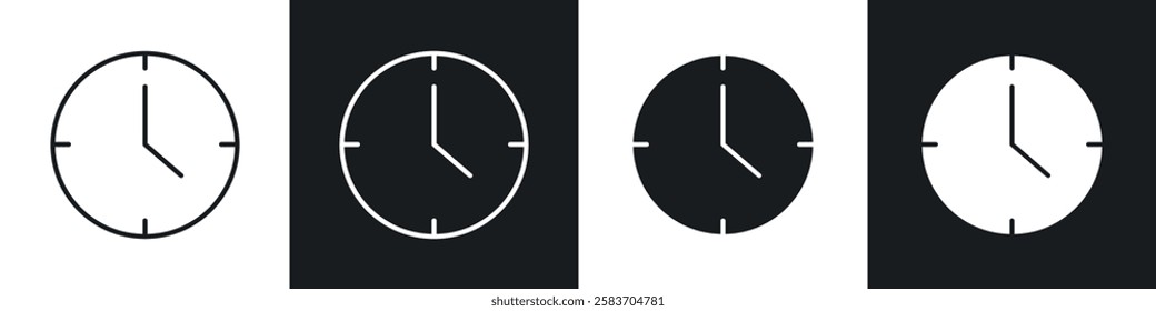 Clock-five icons collection in black and white filled and line versions