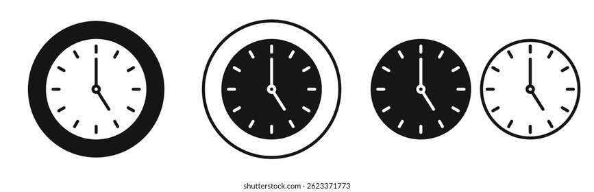 Clock-five icons set in solid black and stroke line style