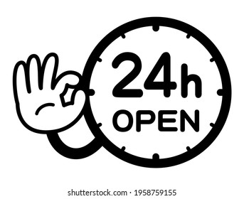 Clock-like icon and OK sign. Simple vector illustration. (Open 24 hours)