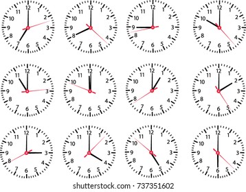 Clock,Pointed needles are numbered from 1-12. In the picture there are 12 clocks.