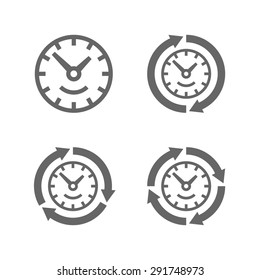 Clocks with arrows as a symbol of run of time. There are two, three and four arrows for symbol of time speed.