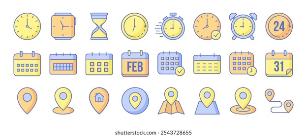 Ícone de relógios, calendários e local do mapa definido em um fundo branco. Símbolos de hora, data e endereço. Ilustração vetorial