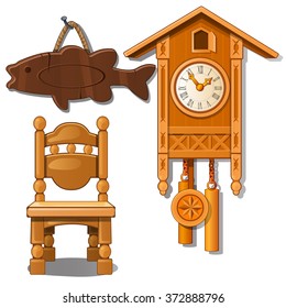 Clocks, chair and fish from wood. Vector.