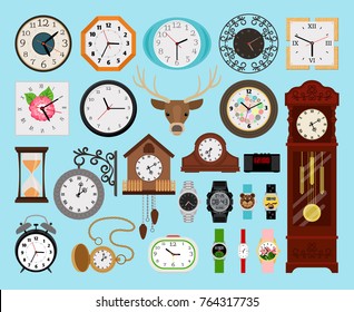 Clocks collection. Analog old and wooden wall clock and digital hands watch, hourglass and electronic stopwatch set vector illustration