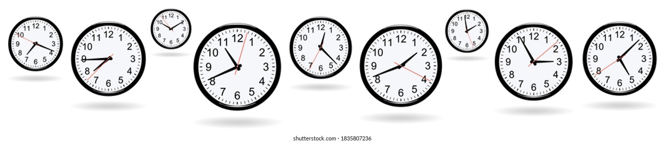 Clocks at different times on white background 