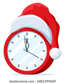 Clocks dressed in the Santa Claus hat. Clock showing almost midnight with red cap. Happy new year decoration. Merry christmas holiday. New year and xmas celebration. Flat vector illustration