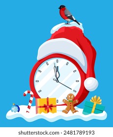 Clocks dressed in the Santa Claus hat. Clock showing almost midnight with red cap. Happy new year decoration. Merry christmas holiday. New year and xmas celebration. Flat vector illustration