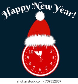 Clocks dressed in the Santa Claus hat show at five minutes to twelve. Happy New Year! Vector illustration