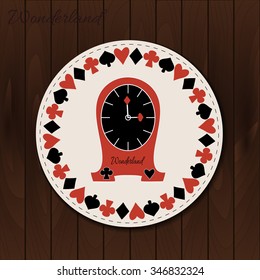 Clocks - drink coaster/ logo design from Wonderland on Wooden Background. Printable Vector Illustration for Graphic Projects, Parties and the Internet.