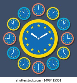 Clocks With EU Flag Clockface, Showing 12 Hours Until Brexit