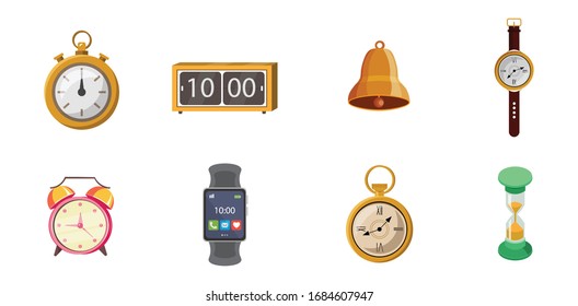 icono plano de relojes con reloj de arena, campana de alarma, icono de reloj inteligente