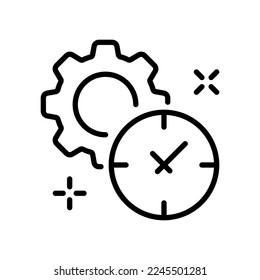 Clocks with gear line icon. Punctuality, signboard, schedule, hourglass, alarm clock, timer, stopwatch, 24, planning, appointment. Time management concept. Vector line icon on white background