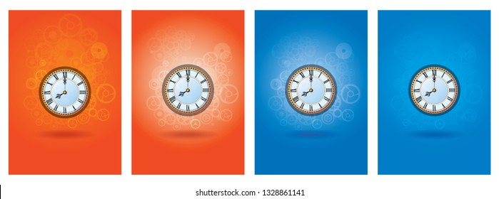 Clocks with gears and cogs behind on blue and orange background vector