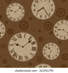 Clocks and gears vector distressed seamless pattern. Sepia colors.