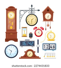 Clocks and hand watches. Vector icon set of mechanical and electronic clocks, antique pendulum watch, hourglass, alarm, kitchen timer, wrist watch and digital smart clock. Devices to indicate time